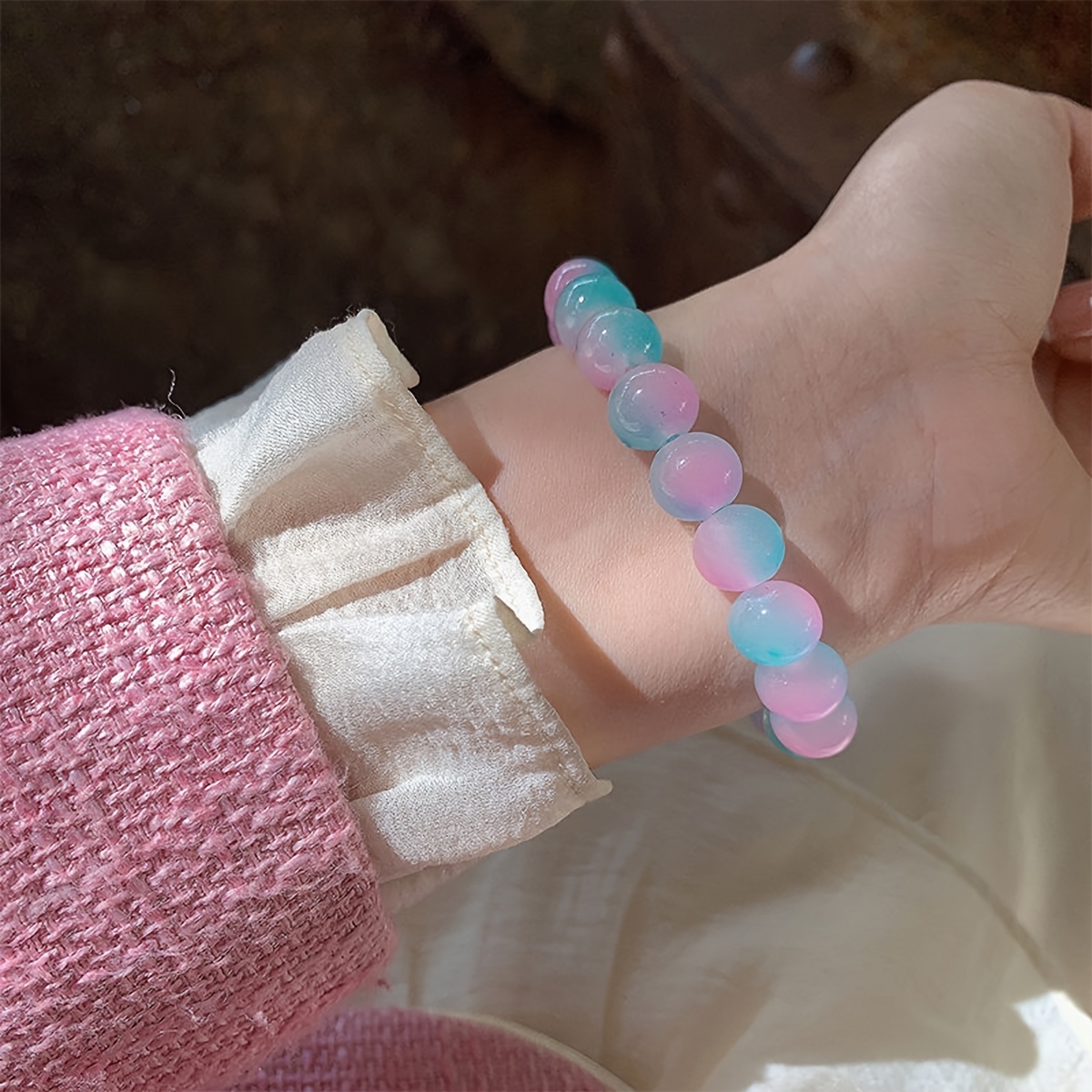 3pcs Pastel Glass Beaded Bracelets Bohemian Style Elastic & Colorful Gift